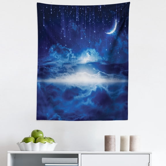 Blue White Tapestry, Night Sky with Moon Falling Stars Clouds Horizon Mysterious Space Art, Fabric Wall Hanging Decor for Bedroom Living Room Dorm, 5 Sizes, Navy Blue and White, by Ambesonne