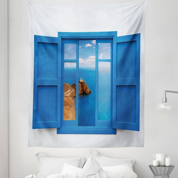 Blue White Tapestry, View from Window of Cabo Lighthouse Photo Mount Mediterranean Image Art Print, Fabric Wall Hanging Decor for Bedroom Living Room Dorm, 5 Sizes, White Blue, by Ambesonne