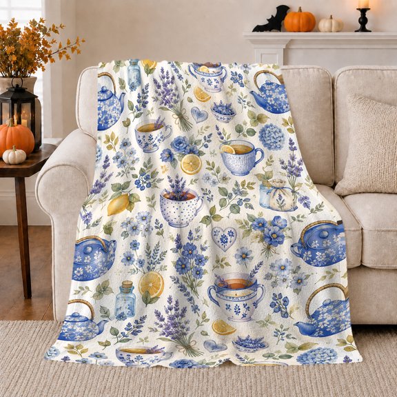 Blue White Teaware Lavender Lemon Botanical, Playful Food Art Scene, Warm Flannel Blanket for Living Room and Reading Nook, Art Lovers Friendship Gift, Playful Home Decor