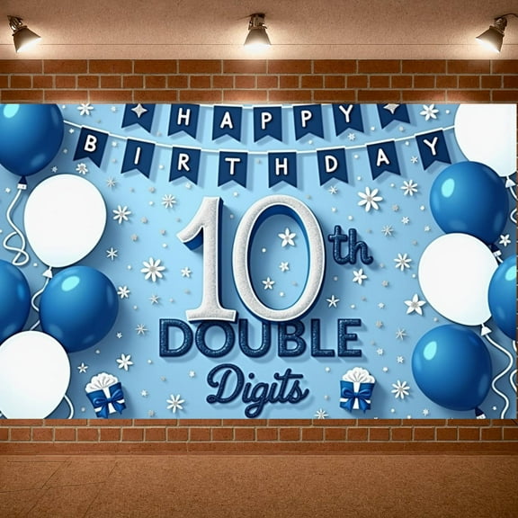 Blue White Theme 10th Birthday Banner Balloon Decor Double Digits Display Snowflake Pattern Gift Box Design Backdrop for 10th Birthday Party Teen Celebration Photo Shoot
