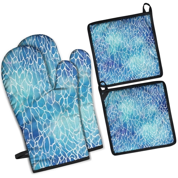 Blue White Tie Dye Cracked Pattern Kitchen Oven Mitt and Pot Holder Sets 2 Pcs for Baking, Cooking and Grilling, Heat Resistant Up To 392 °F