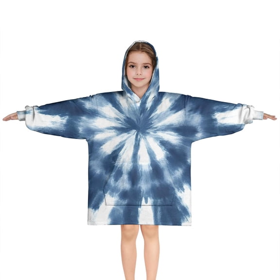 Blue White Tie Dye Mandala Pattern Blanket Hoodies for Kids 6-13YR Oversize Wearable Blanket Hoodies for Boys Girls Teens