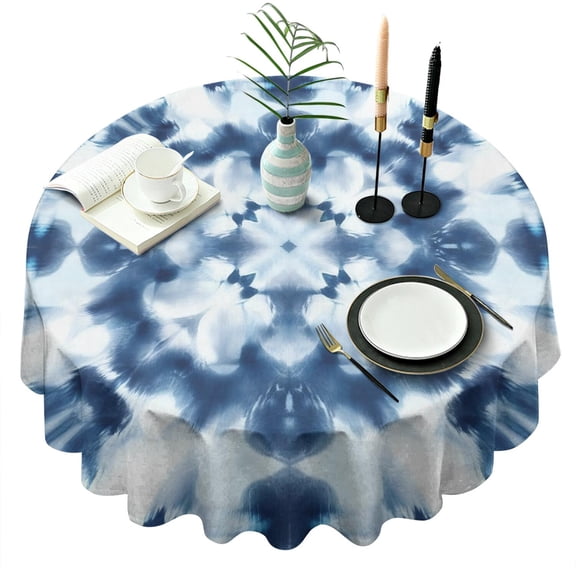 Blue White Tie Dye Mandala Pattern Round Tablecloth 60"x60",Wrinkle Wipeable Table Cloth for Kitchen Dining Room Picnic Patio Party