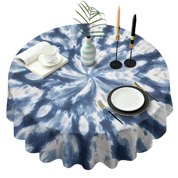 Blue White Tie Dye Mandala Pattern Round Tablecloth 60"x60",Wrinkle Wipeable Table Cloth for Kitchen Dining Room Picnic Patio Party