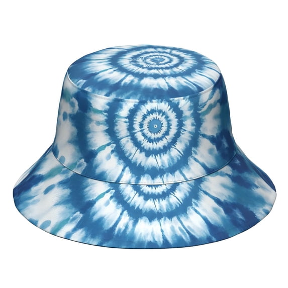 Witite Pattern Blue and White Tie Dye Pattern Bucket Hat, Fishing Hiking Cap with Wide ...