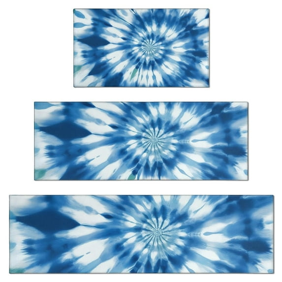 Blue White Tie Dye Spiral Pattern Kitchen Rugs Sets Of 3,Kitchen Runner Rugs Non Skid Washable,Decorative Kitchen Floor Mats for Kitchen,Sink,Laundry,17"x30"+ 17"x47" + 17"x59"