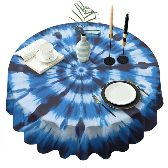 Blue White Tie Dye Spiral Pattern Round Tablecloth 60"x60",Wrinkle Wipeable Table Cloth for Kitchen Dining Room Picnic Patio Party