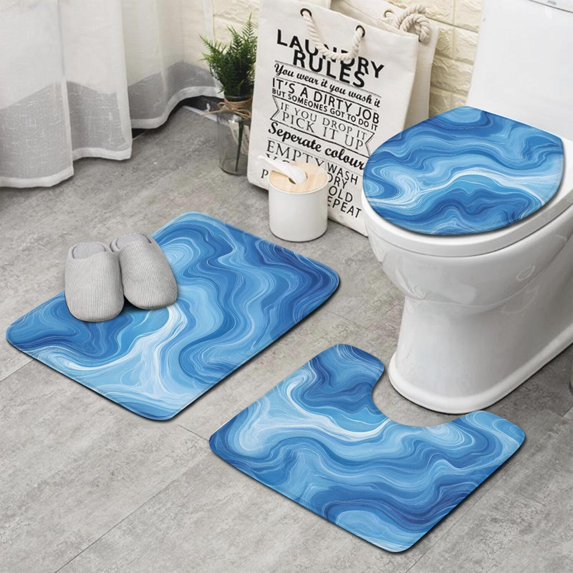 Blue White Tie Dye Swirl Pattern Bathroom Rugs Sets 3 Piece,Toilet Cover Set,Absorbent Non Slip Bathroom Mats Sets with U-Shaped Contour Rug Toilet Rug Set