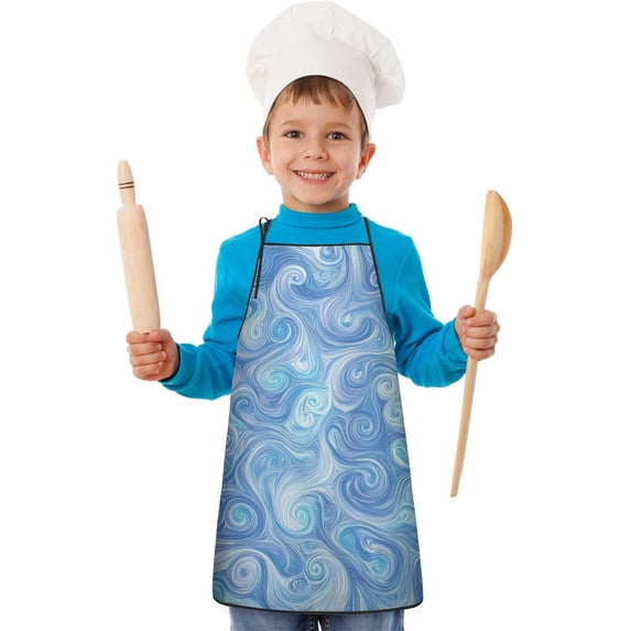 Blue White Tie Dye Swirl Pattern Kids Aprons for Girls and Boys,Adjustable Neck Strap Toddler Aprons for Kids Cooking Baking