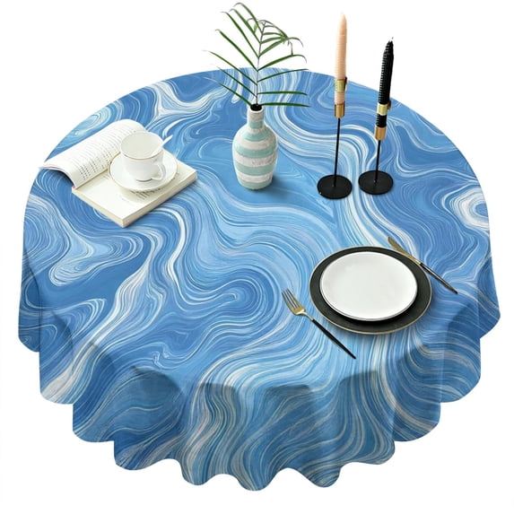 Blue White Tie Dye Swirl Pattern Round Tablecloth 60"x60",Wrinkle Wipeable Table Cloth for Kitchen Dining Room Picnic Patio Party