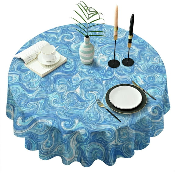Blue White Tie Dye Swirl Pattern Round Tablecloth 60"x60",Wrinkle Wipeable Table Cloth for Kitchen Dining Room Picnic Patio Party