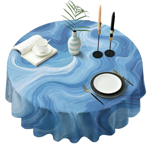 Blue White Tie Dye Swirl Pattern Round Tablecloth 60"x60",Wrinkle Wipeable Table Cloth for Kitchen Dining Room Picnic Patio Party