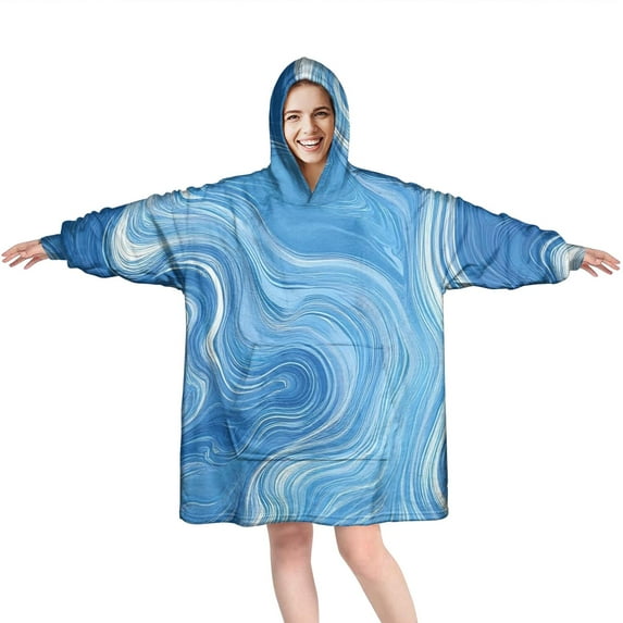 Blue White Tie Dye Swirl Pattern Wearable Oversized Blanket,Wearable Blanket Hoodie for Adults,Cozy Hooded Blankets with Super Pockets,Super Warm Fuzzy Pullover for Women & Men