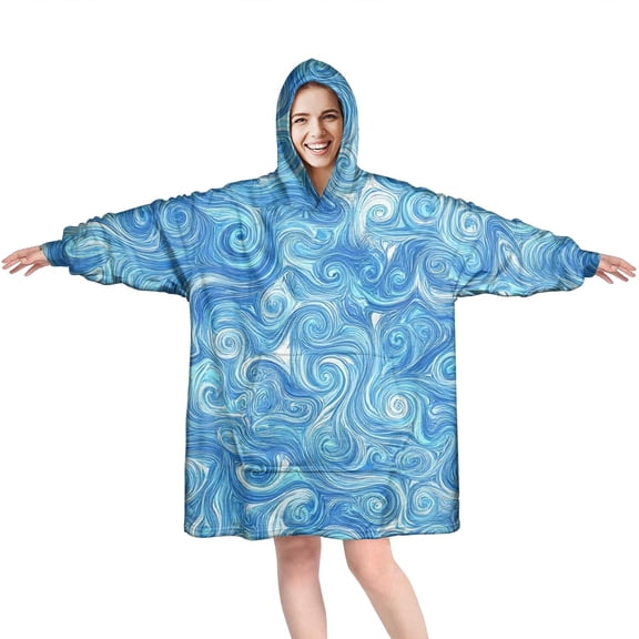 Blue White Tie Dye Swirl Pattern Wearable Oversized Blanket,Wearable Blanket Hoodie for Adults,Cozy Hooded Blankets with Super Pockets,Super Warm Fuzzy Pullover for Women & Men