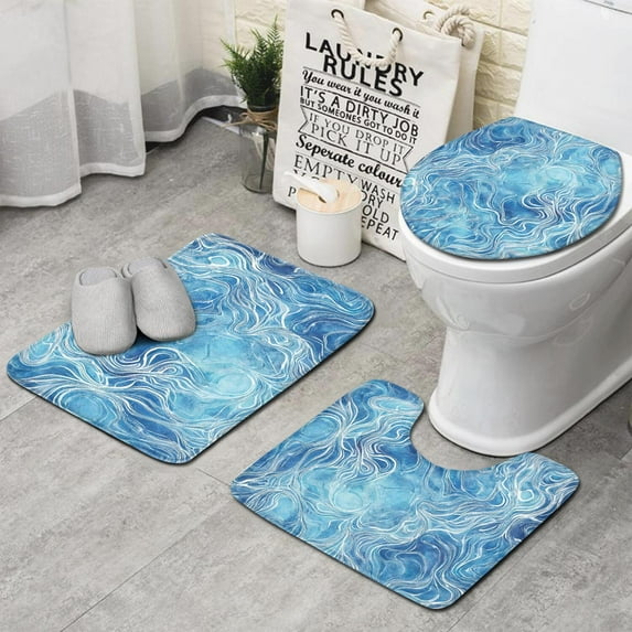 Blue White Tie Dye Wave Pattern Bathroom Rugs Sets 3 Piece,Toilet Cover Set,Absorbent Non Slip Bathroom Mats Sets with U-Shaped Contour Rug Toilet Rug Set