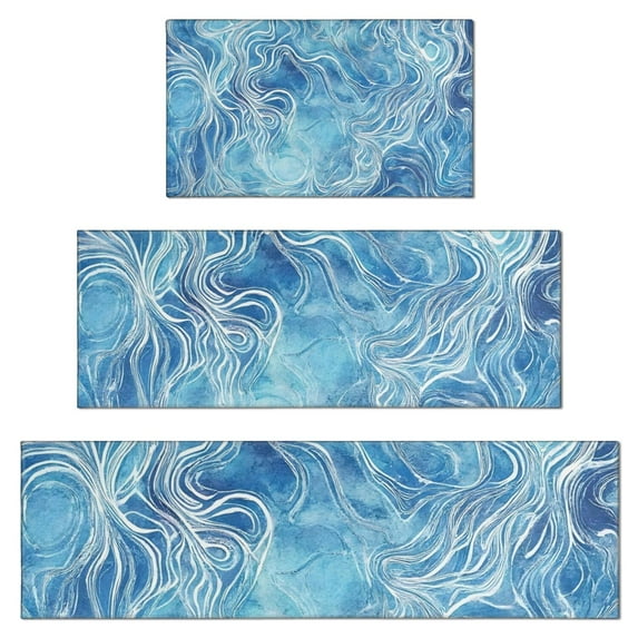 Blue White Tie Dye Wave Pattern Kitchen Rugs Sets Of 3,Kitchen Runner Rugs Non Skid Washable,Decorative Kitchen Floor Mats for Kitchen,Sink,Laundry,17"x30"+ 17"x47" + 17"x59"