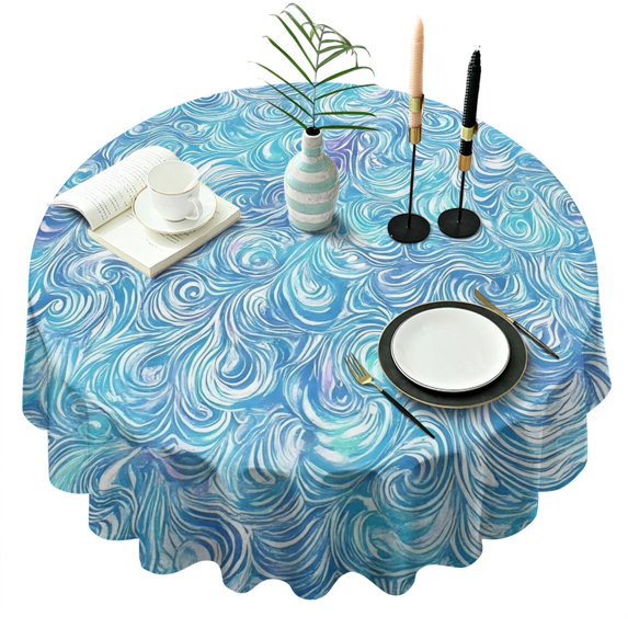 Blue White Tie Dye Wave Pattern Round Tablecloth 60"x60",Wrinkle Wipeable Table Cloth for Kitchen Dining Room Picnic Patio Party