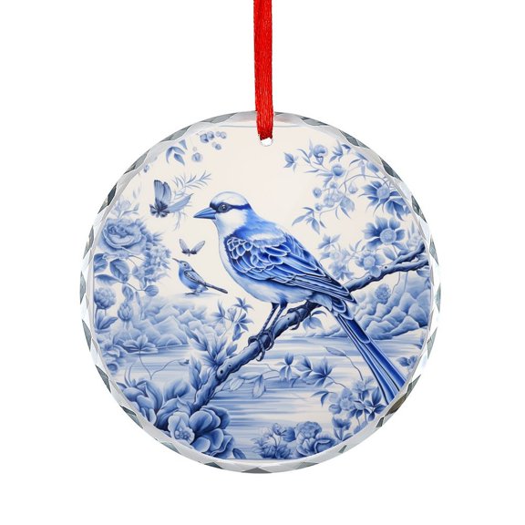 Blue And White Tile with Bird Glass Ornament Gifts for Women Oriental Botanical Romantic Retro Blossom Art Modern Christmas Decorative Hanging Ornaments