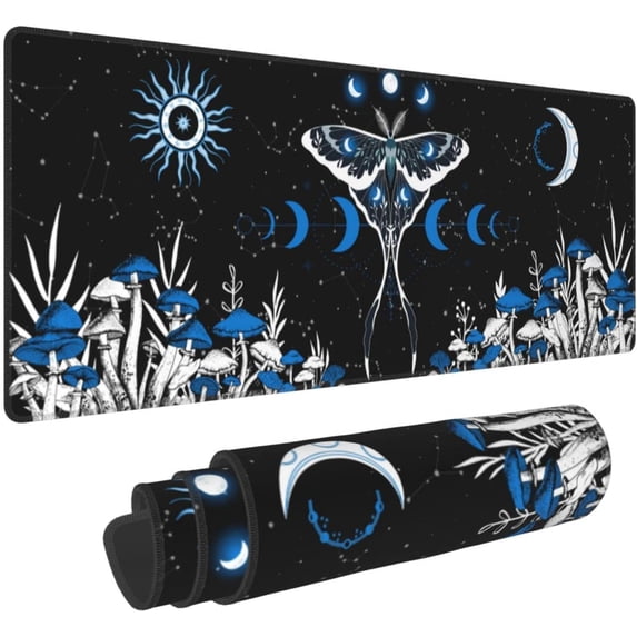 Blue White Trippy Mushroom Moth Butterfly Mouse Pad XL Extended Desk Mat, Non Slip Rubber Base Stitched Edge Gaming Pc Desktop Large Mice Pad,31.5 x 11.8 Inch