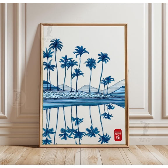 Blue White Tropical Palm Grove Coastal Poster Unframed Paper Print
