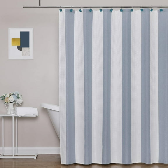 Blue White Vertical Stripe Shower Curtain 72 Inches Long Waffle Weave Water Resistant Fabric White Shower Curtain Button Holes 72" Wx72 L,No Hook