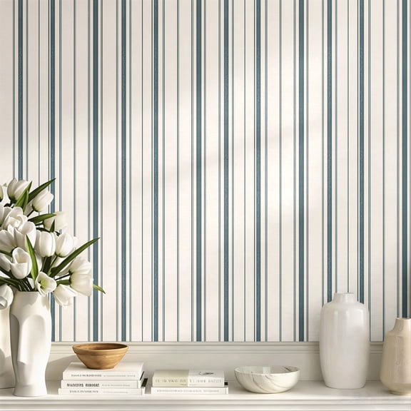 Blue and White Vertical Striped Wallpaper Classic Coastal Nautical Print Peel and Stick Self-Adhesive Removable Wall Paper for Living Room Bedroom Bathroom Home Decor Easy to Apply Roll