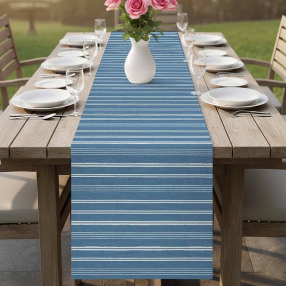 Blue White Vertical Stripes Table Runner 13x36in Non-Slip Cotton Linen Table Runners, Pinstripe Pattern Dresser Scarves TableRunner for Dinner Kitchen Dining Wedding Party
