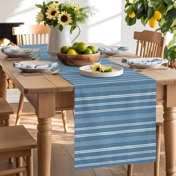 Blue White Vertical Stripes Table Runner 72 Inch Long Pinstripe Pattern Table Runners Linen Burlap Tablerunner for Kitchen Dining Room Holiday Party
