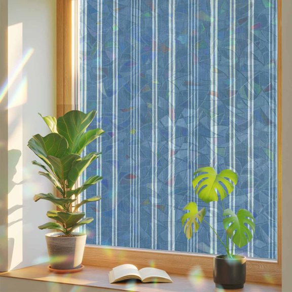 Blue White Vertical Stripes Window Privacy Film, Rainbow Film Decorative Window Sticker 17.7x39.3in, Pinstripe Pattern Sun Blocking Static Stained Glass Cling Tint Non-Adhesive