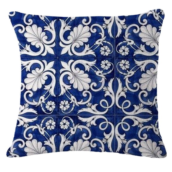 Blue and White Vintage Pattern Throw Pillow Cover, Decorative Chinoiserie Floral Cushion Case Linen Cotton Pillowslip Square Pillowcase for Sofa Couch Bed Living Room, 18x18 Inch