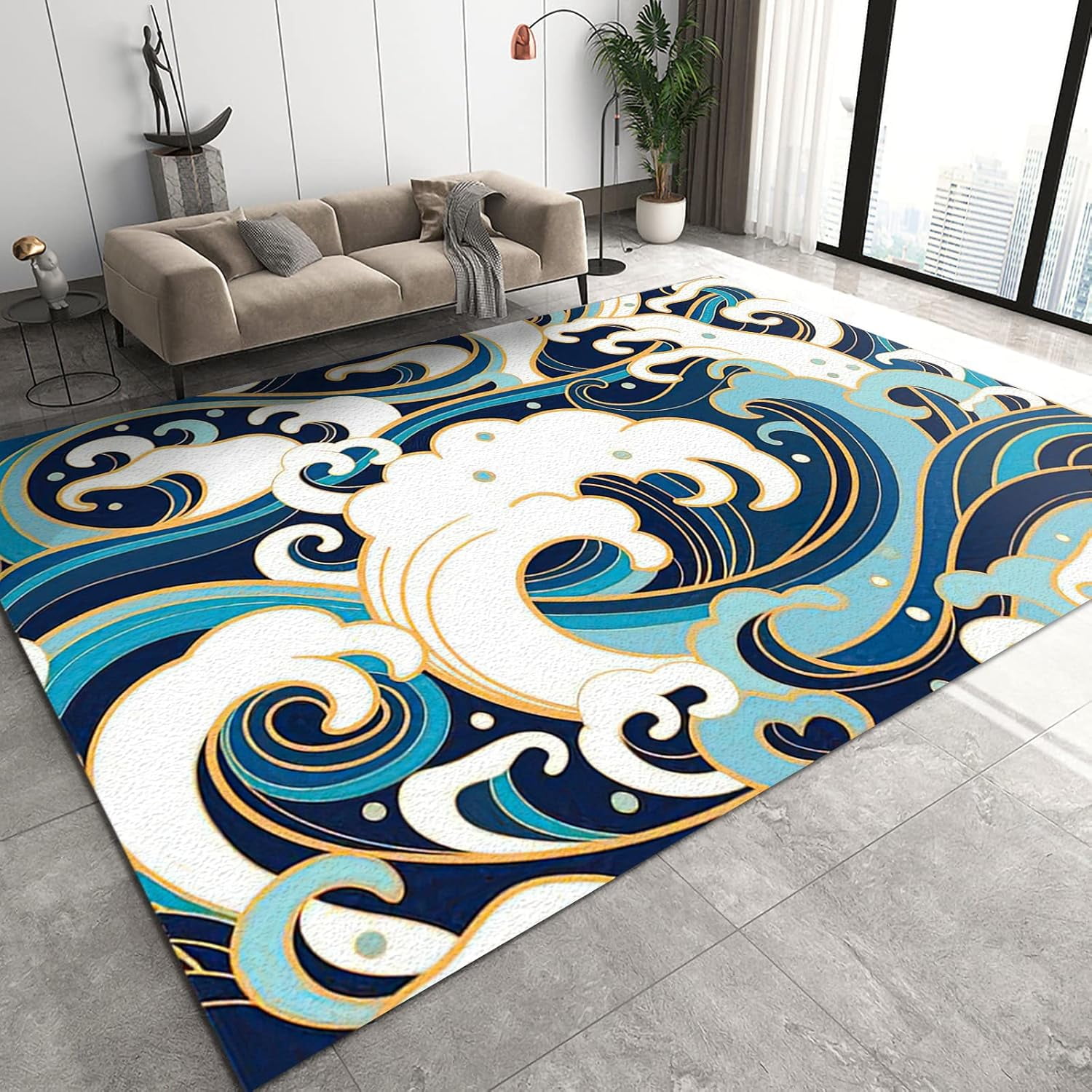 Blue White Water Waves Area Rugs, 3D Hand Drawn Japanese Cartoon ...