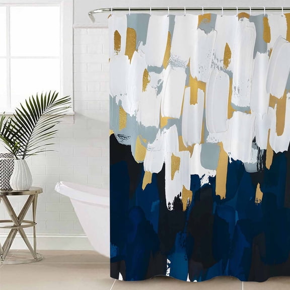 Blue White Waterproof Fabric Shower Curtain, Gold Graffiti Painting Art Retro Country Shower Curtain for Bathroom Curtains Bathtubs Hotel Washable Shower Curtains with 12 Hooks Long 72x78in