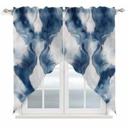 Blue White Wave Abstract Kitchen Window Curtains, Swag Curtains Valance for Bedroom Living Room Bathroom, Artwork Modern Waves Rod Pocket Window Treatment Curtain Block Drapes 2 Panels 28"x36"