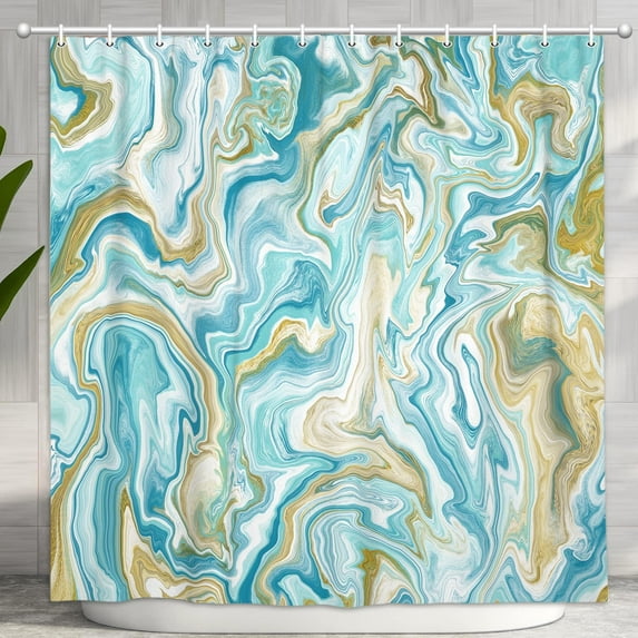 Blue White Wave Stripes Shower Curtain, Abstract Modern Shower Curtain for Luxury Bathroom Decor, Waterproof Washable Fabric Watercolor Shower Curtain, 72X72in