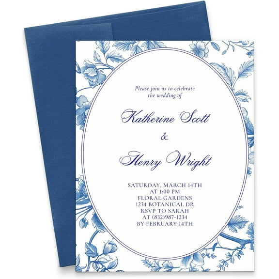 Blue and White Wedding Invitations With Envelopes, Chinoiserie Invitation For Weddings, Vintage Wedding Invites, Marriage Invitations With Flowers, Your choice of Quantity and Envelope Color