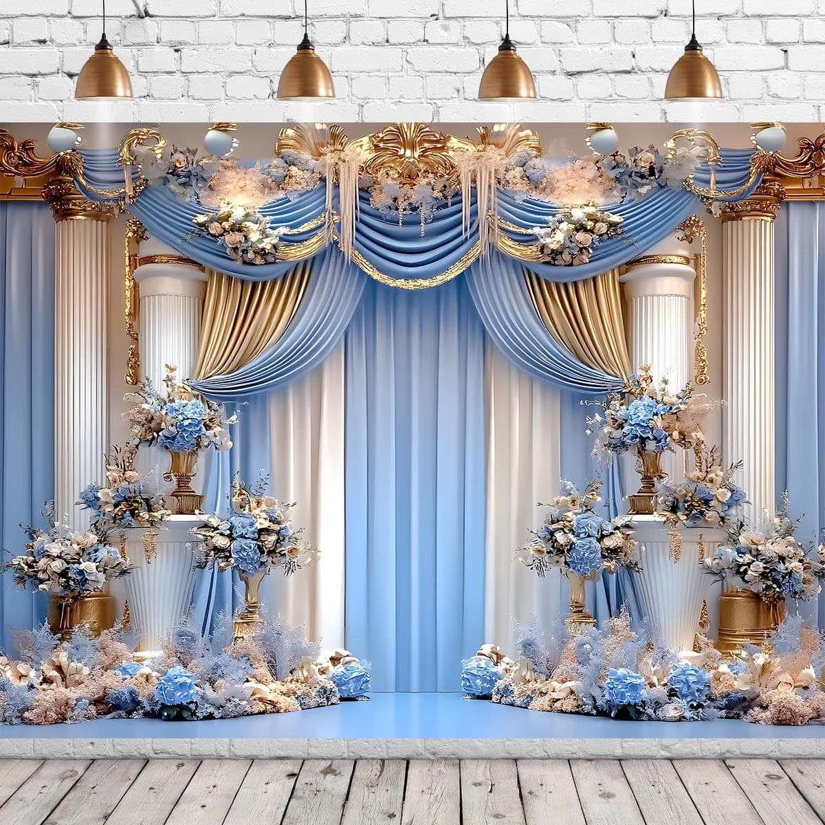 Blue and White Wedding Party Backdrop Luxurious Castle Palace Floral ...