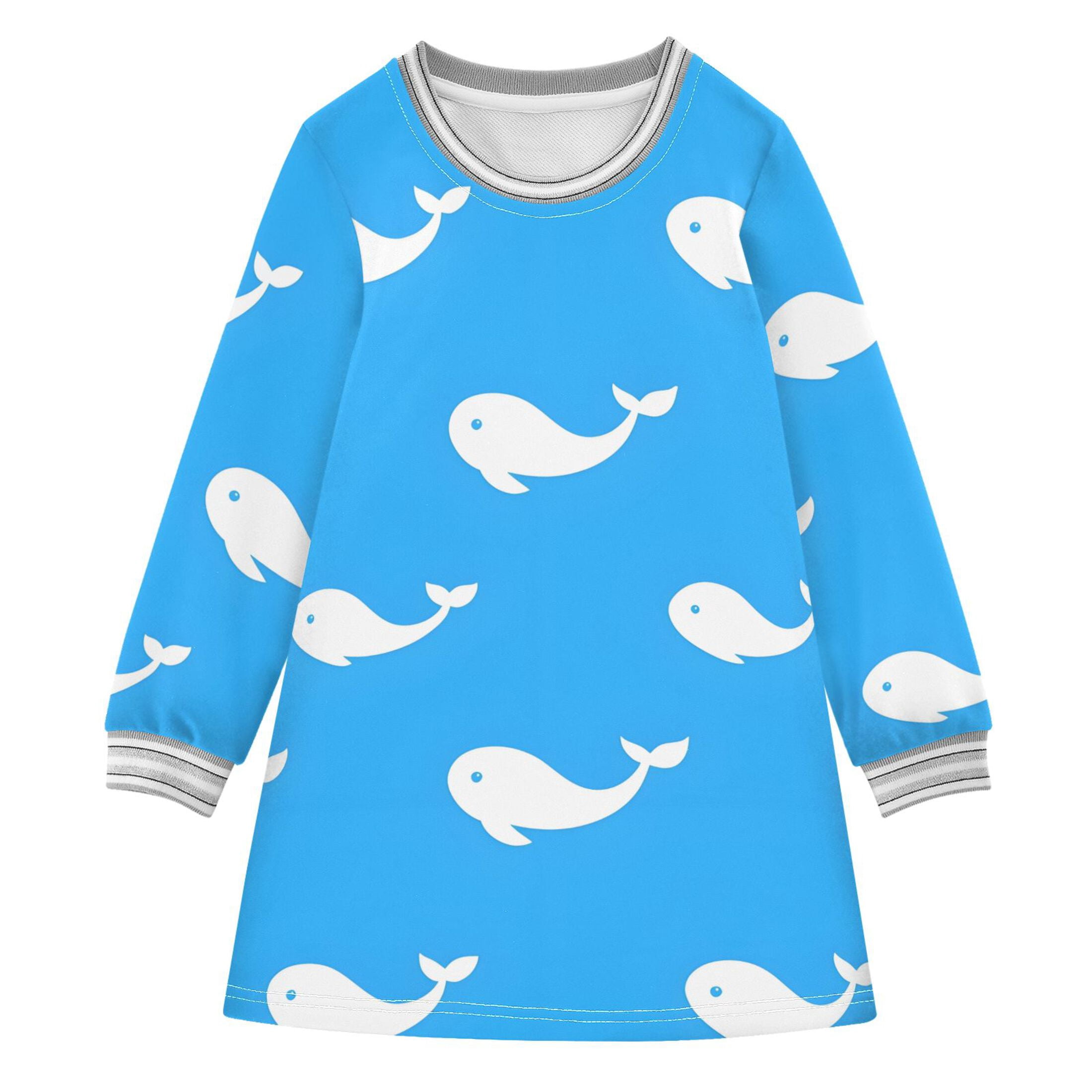 Blue White Whales Pattern Girls'long-sleeved dress Thickened A-dress ...