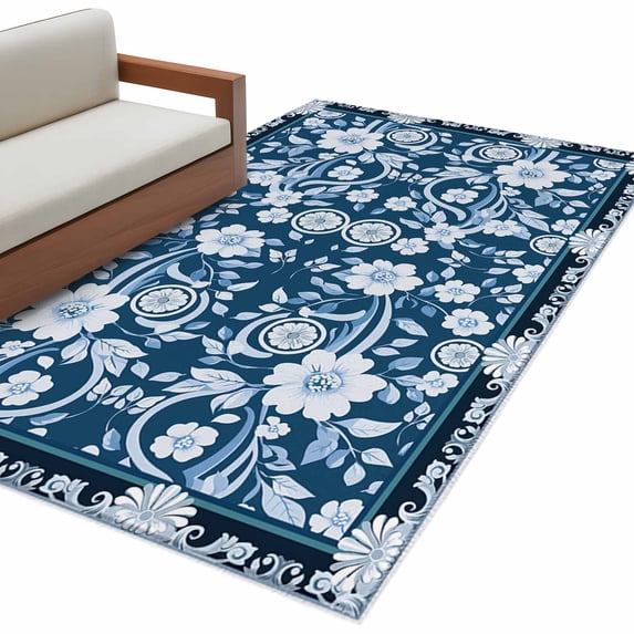 Blue White White Flowers Large Area Rugs for Bedroom Living Room, Non ...