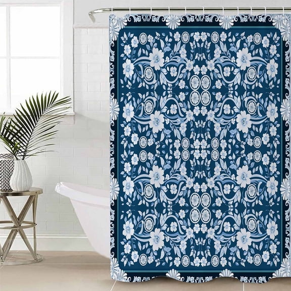 Blue White White Flowers Shower Curtain Set, Waterproof Shower Curtains for Bathroom, Rustic Vintage Botanical Leaves Washable Fabric Cloth Bath Curtain for Bathtub Decoration with Hooks 54x78 Inches