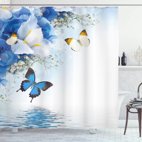 Blue White Wild Flowers Monarch Butterflies Shower Curtain Extra Long 84 Inch