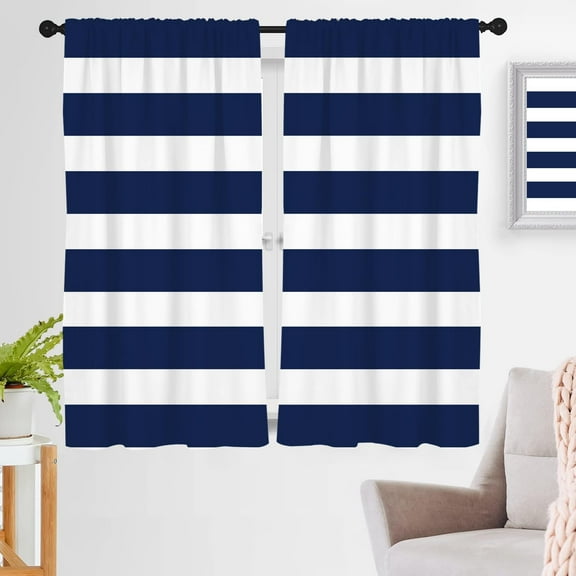 Blue and White Window Curtain Striped Navy Modern Teen Adults Simple Art Aesthetic Geometric Cool Boys 42" W x 63" L Curtains for Living Room Bedroom Bathroom Set of 2 Panels Rod Pocket Drapes