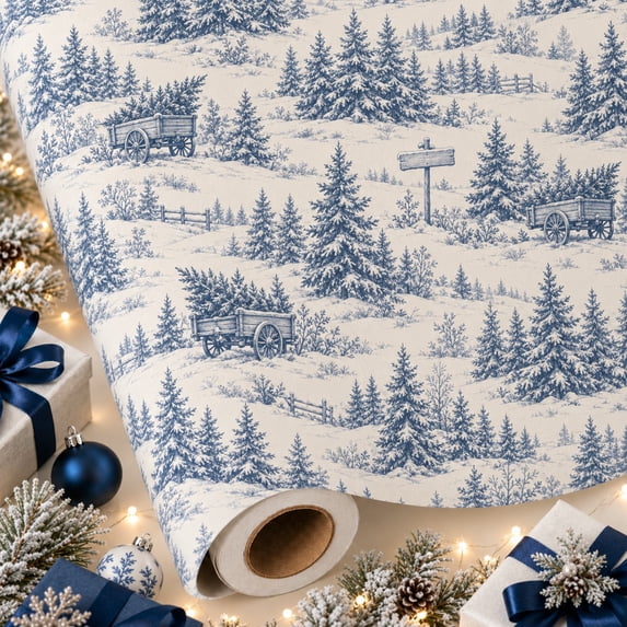 Blue White Winter Toile Wrapping Paper, Christmas Tree Farm Gift Wrap ...