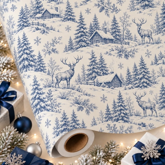 Blue White Winter Toile Wrapping Paper, Woodland Cabin Elk Gift Wrap ...