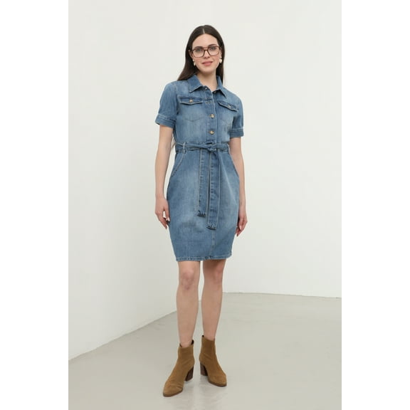 Blue White Women's Denim Dress Short sleeve Button Down Belted Collared Neck outfit