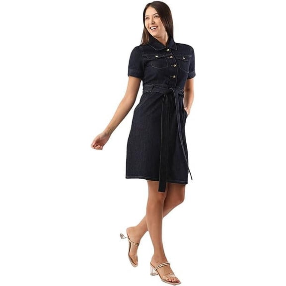 Blue White ® Women's Navy Blue Denim Short Sleeve Dress Collared Neck Button Down Belted Jean denim dress Summer Outfits for women