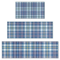 Blue White and Yellow Checkered Pattern Kitchen Rugs Sets Of 3,Kitchen Runner Rugs Non Skid Washable,Decorative Kitchen Floor Mats for Kitchen,Sink,Laundry,17"x30" 17"x47" 17"x59"