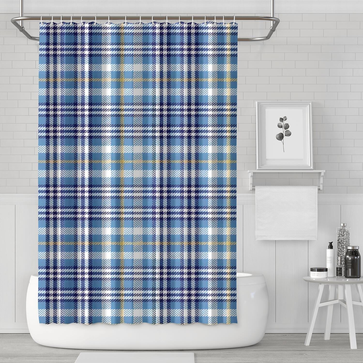 Blue White and Yellow Checkered Pattern Shower Curtain 72"x72" ,Bathroom Decorative Shower Curtains Set with 12 Hooks,Modern Waterproof Washable Shower Curtain