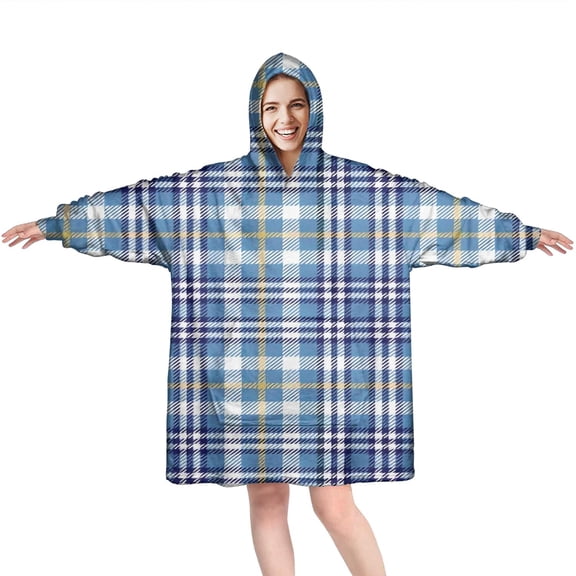 Blue White and Yellow Checkered Pattern Wearable Oversized Blanket,Wearable Blanket Hoodie for Adults,Cozy Hooded Blankets with Super Pockets,Super Warm Fuzzy Pullover for Women & Men
