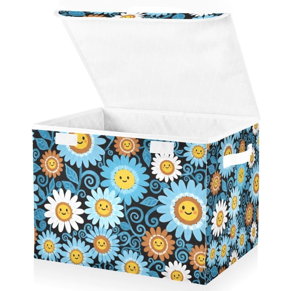 Blue White Yellow Daisy Lidded Home Storage Bins Closet With Handle Stackable Foldable Oxford Fabric Storage Box for Bedroom Office