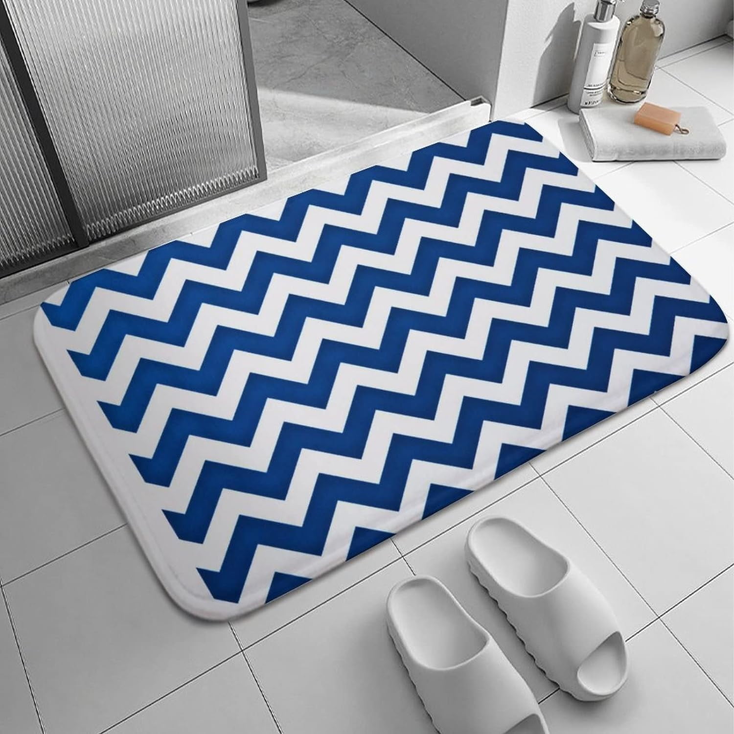 Blue and White Zig Zag Stripes Bath Rugs Absorbent Non Slip Door Mats